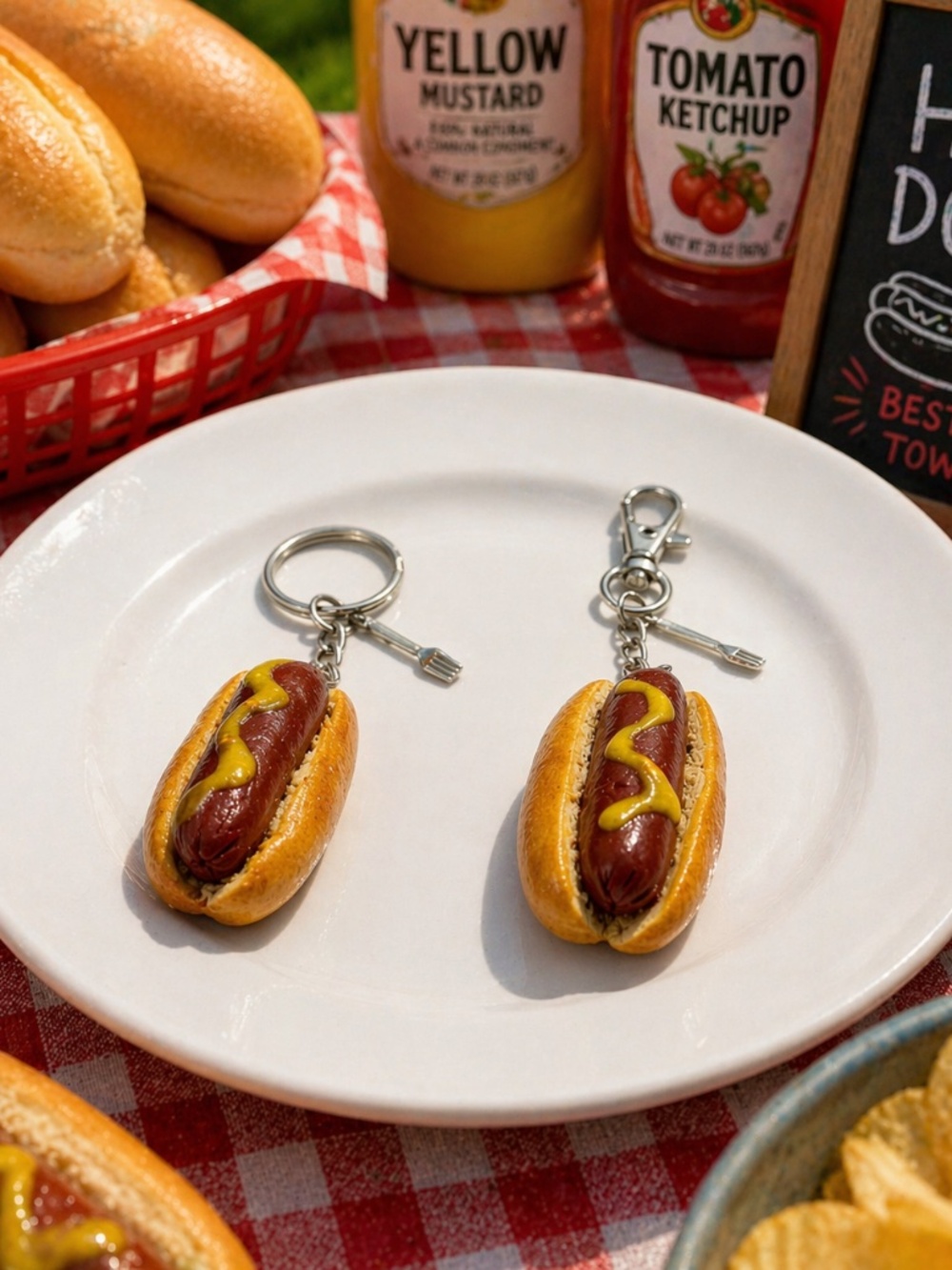 Hot Dog Keychain or Bag Clip – Frankfurter Charm – BBQ Gift for Dad – Funny Food
